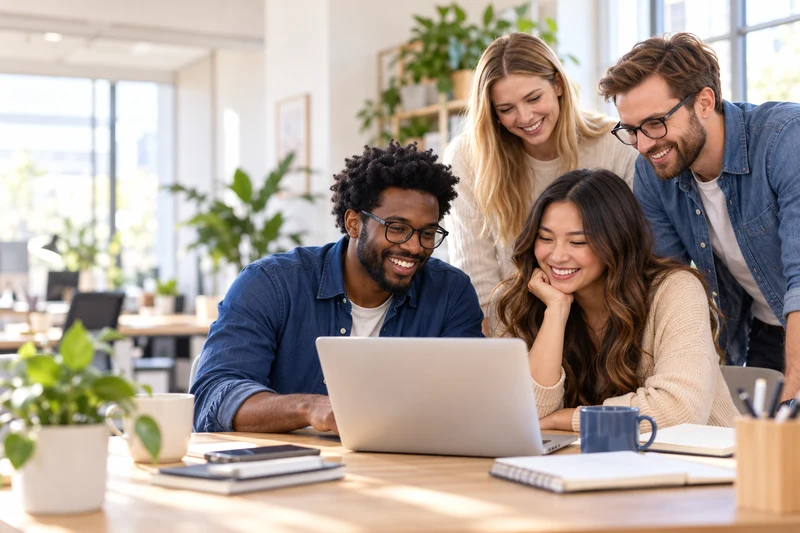 Colleagues sharing a moment around a laptop; illustrative image